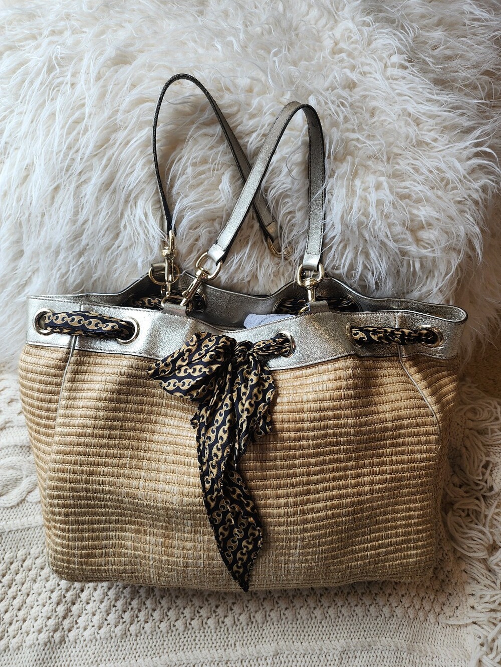 GUCCI Raffia Positano Scarf Tote